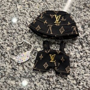 Labubu Brown and gold overalls romper with matching bucket hat and fanny pack